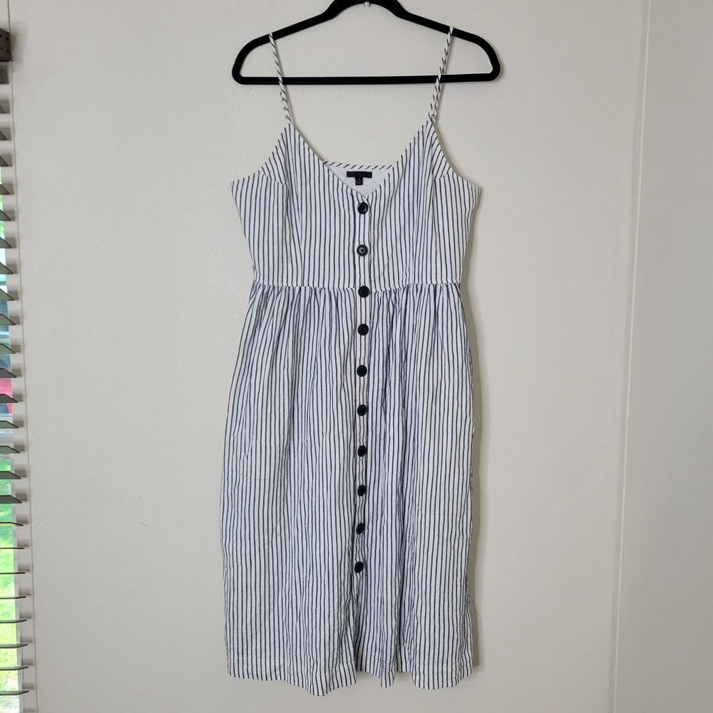 ATM Anthony Thomas Melillo Button Front Linen Blend Dress Stripe Pockets White L